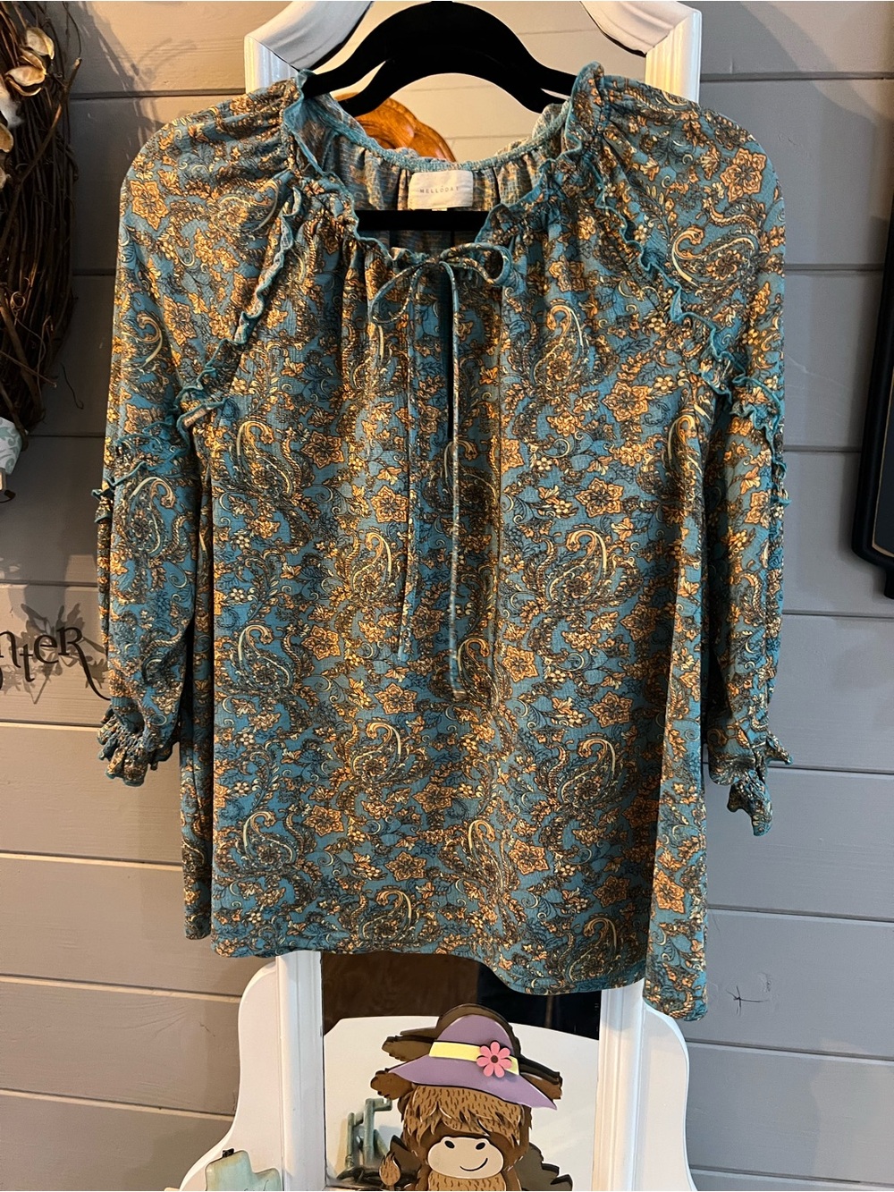 MELLODAY Teal Paisley Tie-Neck Blouse with Gold Accents